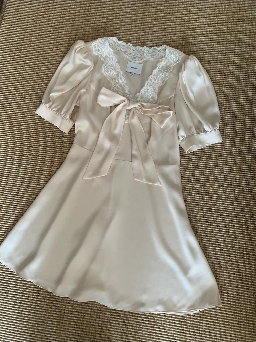 Reformation Avin Lace Silky Satin Ribbon Bow Short Puff Sleeve Mini Dress Cream - Picture 2 of 7